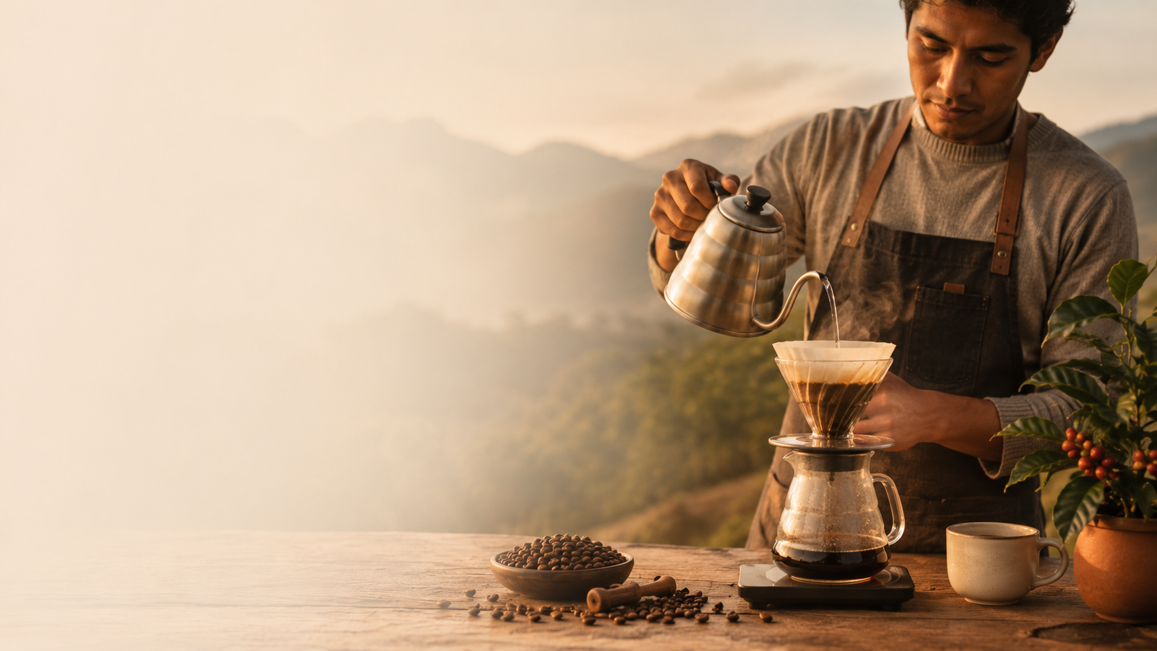 Preparación artesanal de café en método pour over al amanecer